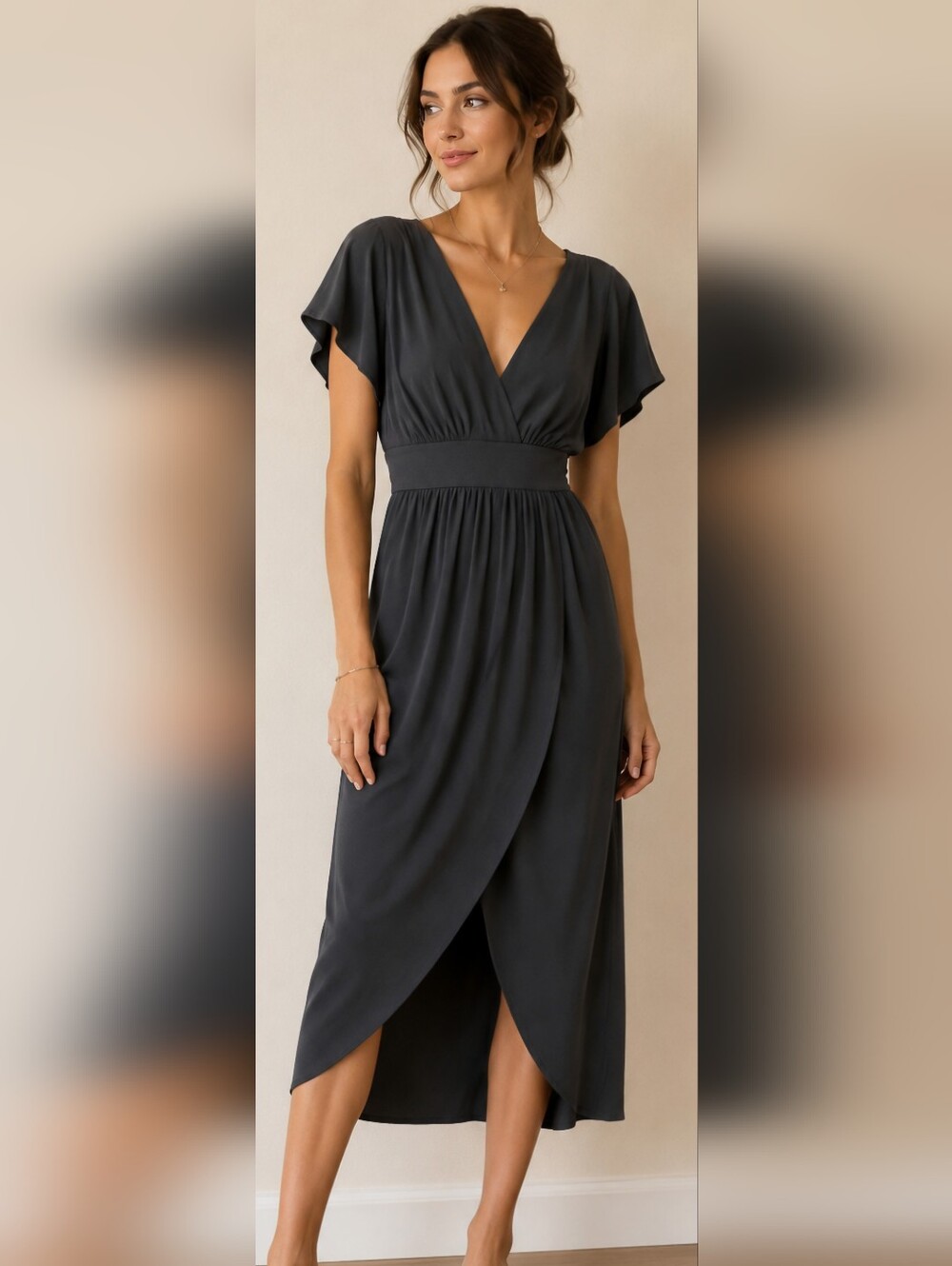 Susana Monaco Anthropologie Flattering Dark Grey ruched V Neck dress S